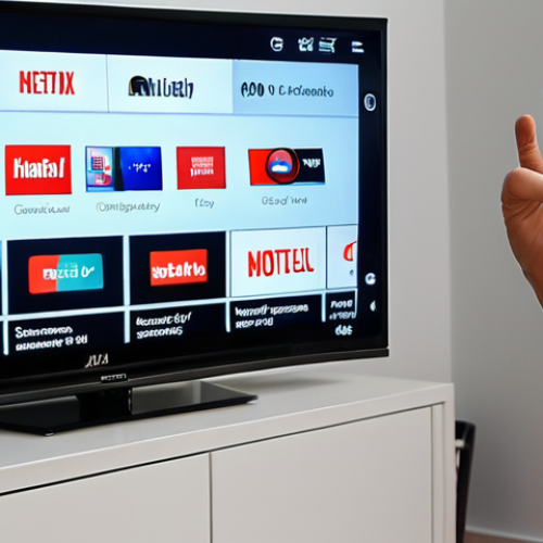 Home 4 **
A person gesturing to control a smart TV. Focus on hand movements and the TV screen displaying channel changes. Modern living room setting.
**