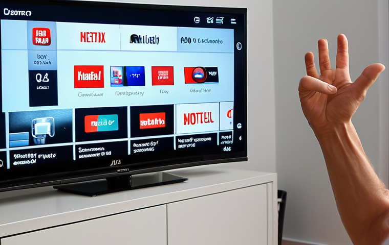 **
A person gesturing to control a smart TV. Focus on hand movements and the TV screen displaying channel changes. Modern living room setting.
**