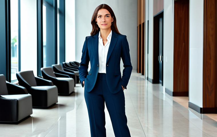 **

"A professional businesswoman in a modest business suit, standing confidently in a modern office lobby, fully clothed, appropriate attire, safe for work, perfect anatomy, natural proportions, professional photography, high quality, corporate portrait"

**