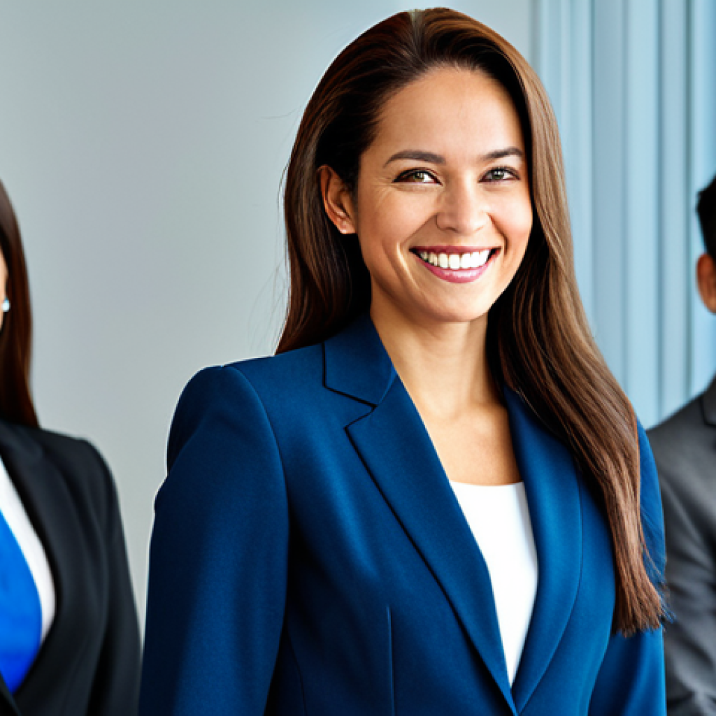 AI로 분석한 소비자 행동 데이터 - **Prompt:** "A professional businesswoman in a modest business suit, smiling confidently at a confer...