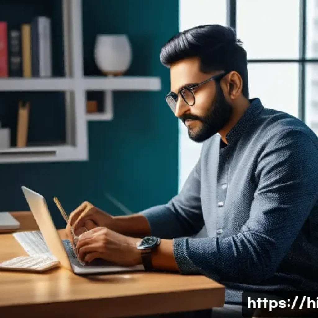 생성형 AI와 콘텐츠 제작 혁신 - A modern Indian content creator working at a sleek home office, surrounded by digital devices like a...