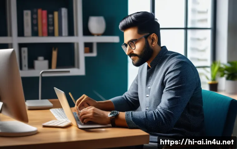생성형 AI와 콘텐츠 제작 혁신 - A modern Indian content creator working at a sleek home office, surrounded by digital devices like a...