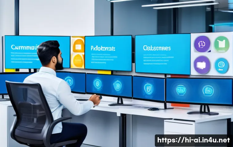 AI가 혁신한 고객 서비스 - A modern customer service center showcasing advanced AI chatbots assisting diverse Indian customers ...