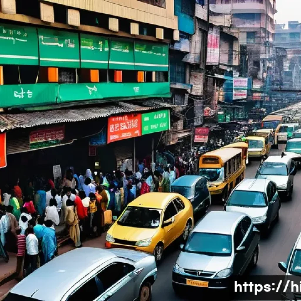 AI 기반 교통 관리 시스템 - A bustling Indian city intersection during rush hour, featuring smart traffic signals with green and...