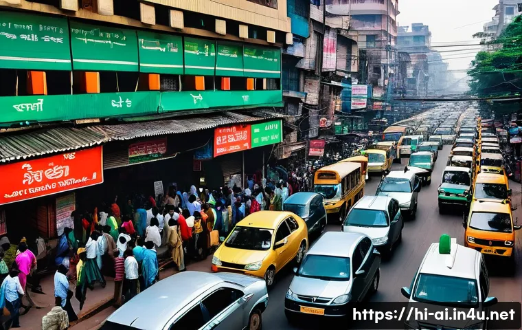AI 기반 교통 관리 시스템 - A bustling Indian city intersection during rush hour, featuring smart traffic signals with green and...