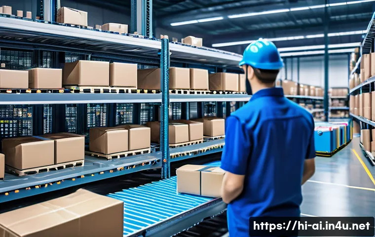 AI가 물류 산업에 미친 혁신 - A modern logistics warehouse interior showing advanced robotics automation at work: sleek, high-tech...