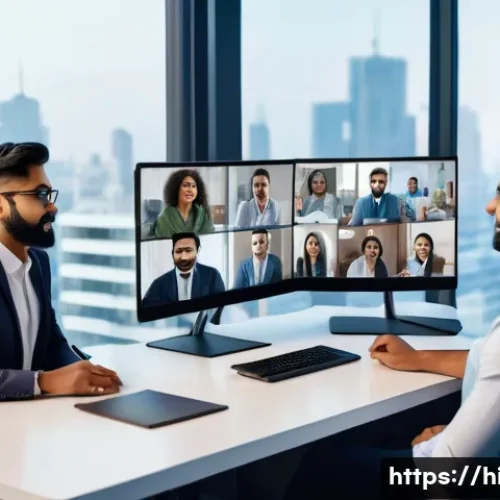 AI가 원격 근무 환경에 미친 효과 - A diverse group of Indian professionals engaged in a remote team meeting via video call, with AI-pow...
