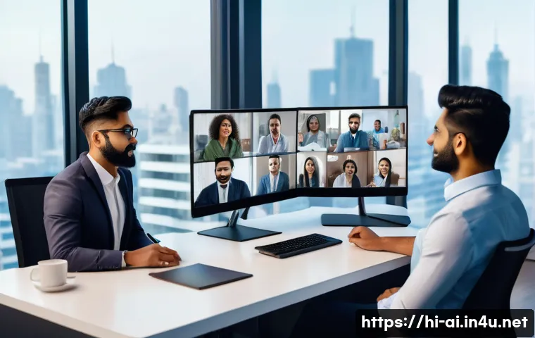 AI가 원격 근무 환경에 미친 효과 - A diverse group of Indian professionals engaged in a remote team meeting via video call, with AI-pow...