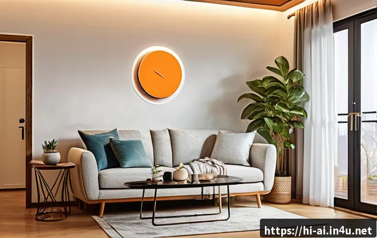 AI와 IoT의 결합으로 인한 혁신 - A modern smart home interior featuring advanced IoT devices such as a sleek smart thermostat mounted...