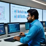 AI 모델의 학습 데이터 확보 방법 - A detailed, professional workspace scene showing a data scientist analyzing diverse datasets on mult...