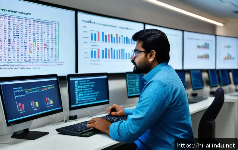 AI 모델의 학습 데이터 확보 방법 - A detailed, professional workspace scene showing a data scientist analyzing diverse datasets on mult...