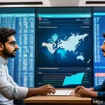 AI 기반 금융 사기 탐지 시스템 - A modern financial technology office environment showing diverse professionals analyzing large digit...