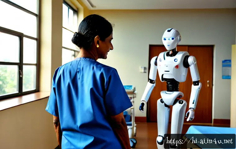 AI와 로보틱스의 융합 사례 - Photorealistic modern Indian hospital rehabilitation room, an elderly Indian patient practicing walk...